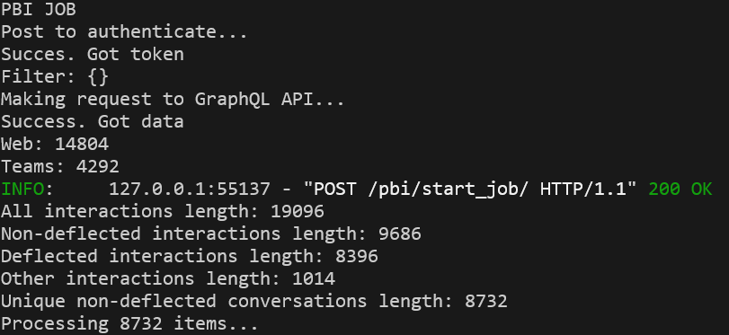 Image of data processing API, terminal output